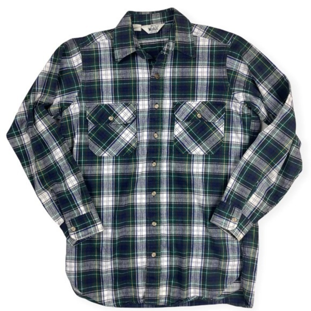 Woolrich Green Blue Plaid Long‎ Sleeve Men's Shirt L Made in USA VTG